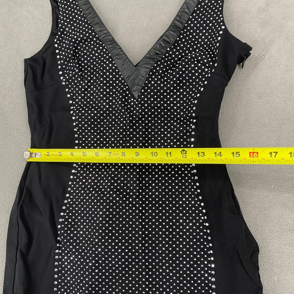 Bebe Black Studded V-Neck Bodycon Dress Y2K Gothic Faux Leather Trim Medium - Picture 4 of 8